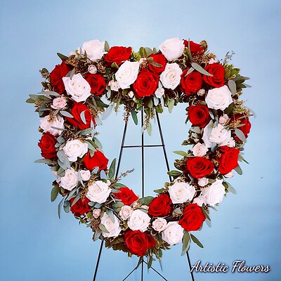 Heart Wreath in Red & White in Walpole MA - Flowers & More Design Studios